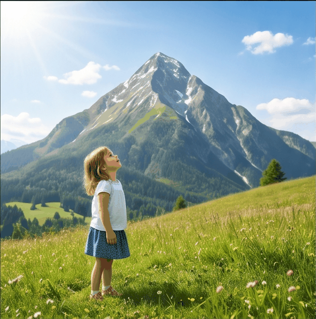 Girl on hill looking at mountain