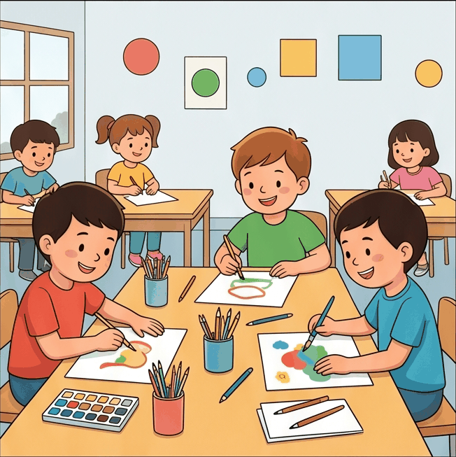 Students drawing and painting in a classroom