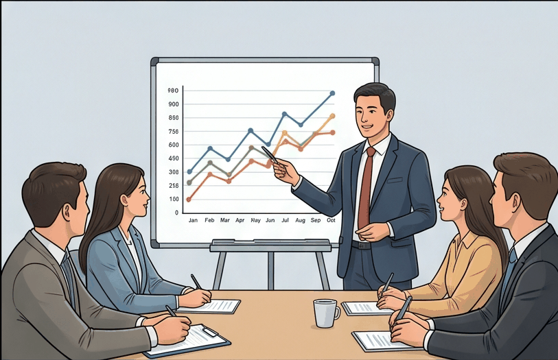 Business presentation showing a chart and team discussing data
