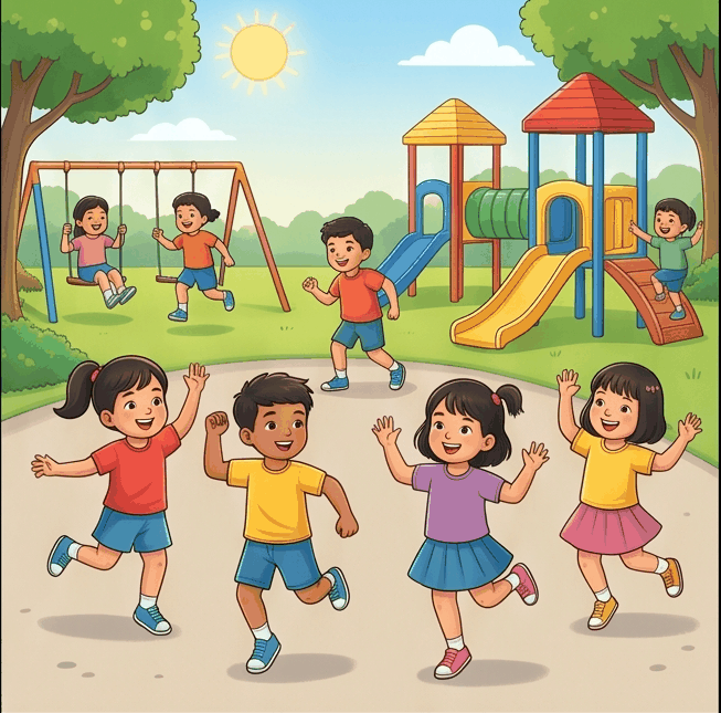Children playing games and exercising outside