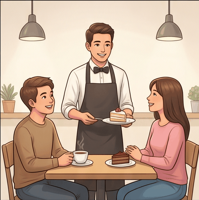 Café scene with waiter serving drinks and cake