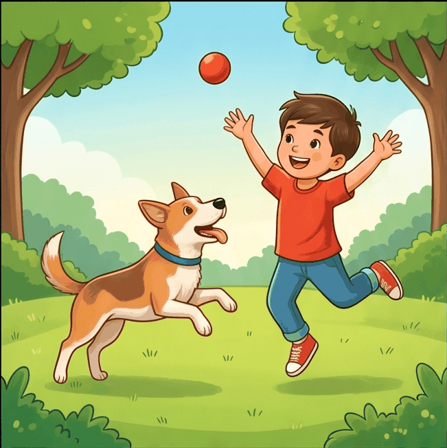 A child and a dog playing in a park