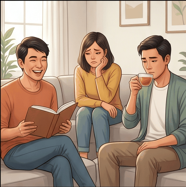 People showing different feelings in a living room