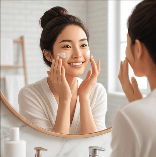 Applying cream in front of a mirror