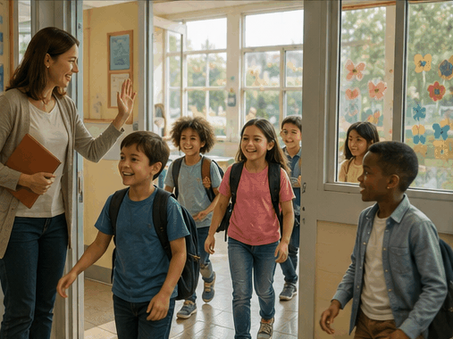 Teacher letting students out