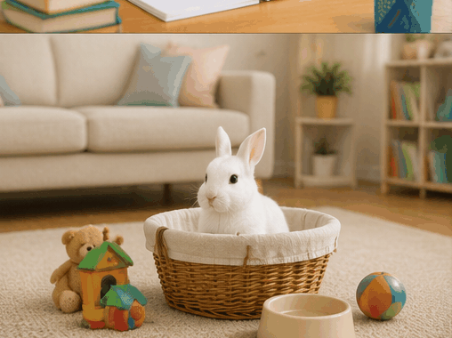 A small white rabbit in a living room basket